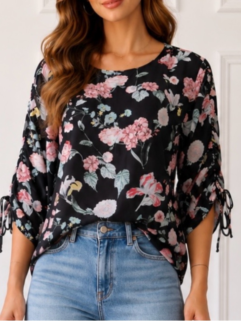 Vince Camuto Black Blouse with Pink Floral Print